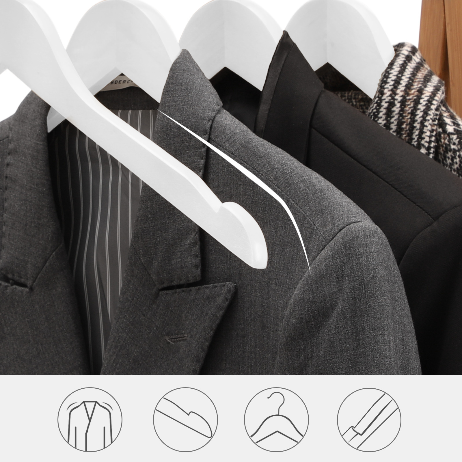 Image of Wooden Clothes Hanger With Notches For Jackets Coats Suits Shirts 360 Rotatable Hook Non-slip Length 44 Cm White