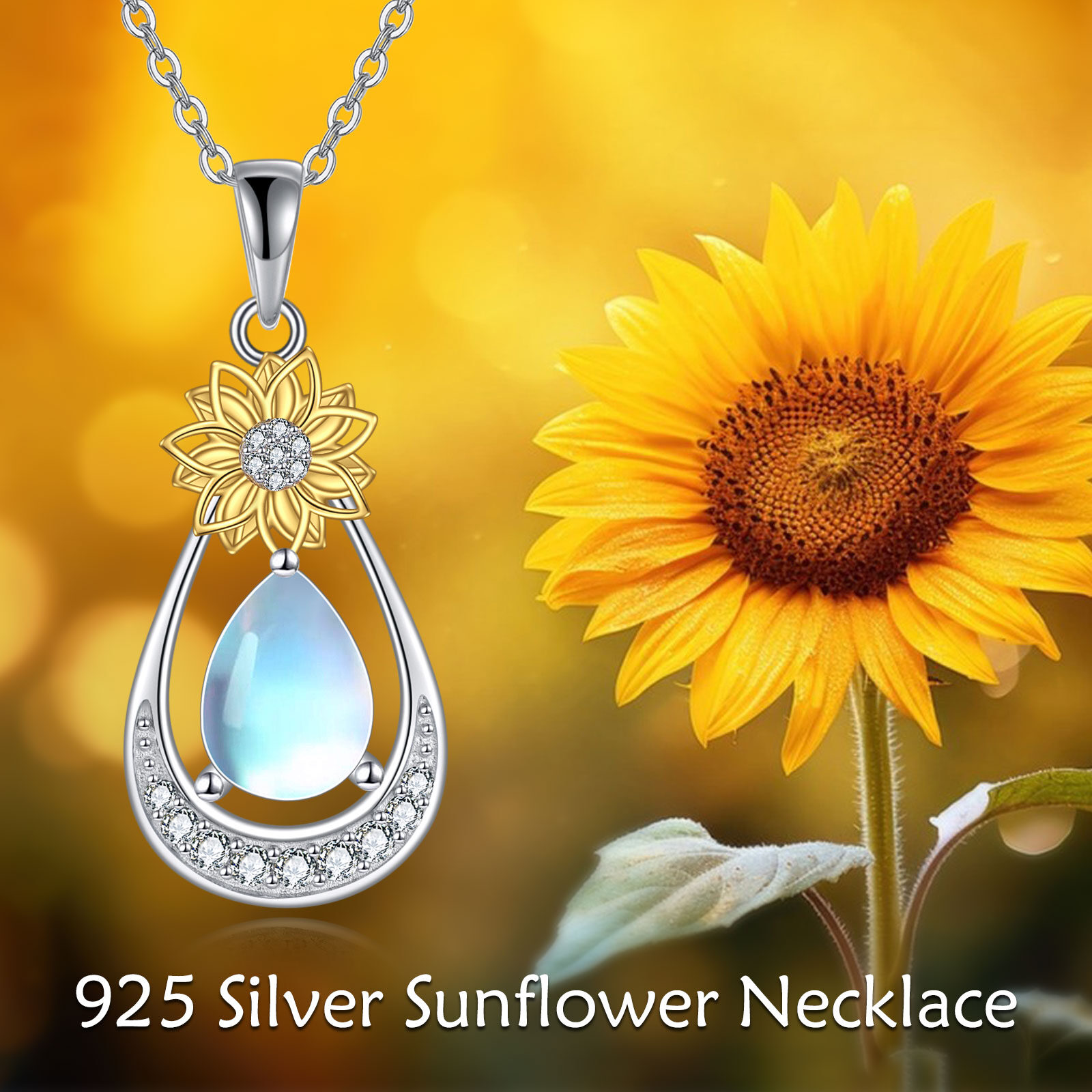 Women's Sunflower Moonstone Flower Teardrop Pendant Necklace