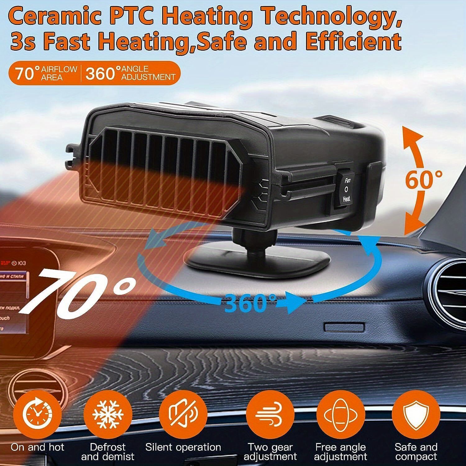 12v Ceramic Car Heater Fan - Handheld or Dashboard Mountable De-Icing Heater  or Cooling Fan With 360 Swivel Base & LED Light