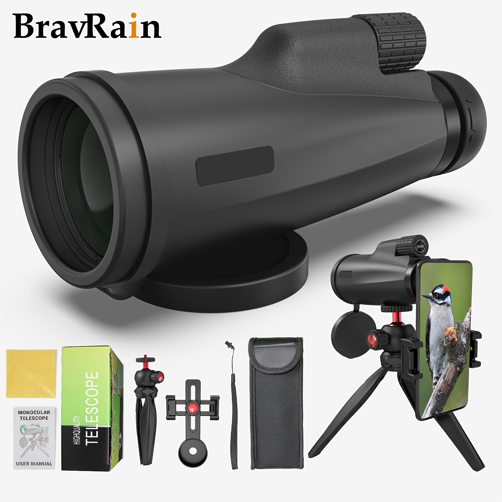  Telescopio monocular HD de 12 x 50 con adaptador para teléfono  inteligente, telescopio minocular impermeable 40x, prisma de potencia,  monoculares compactos para adultos y niños, adecuado para observación de  aves, caza