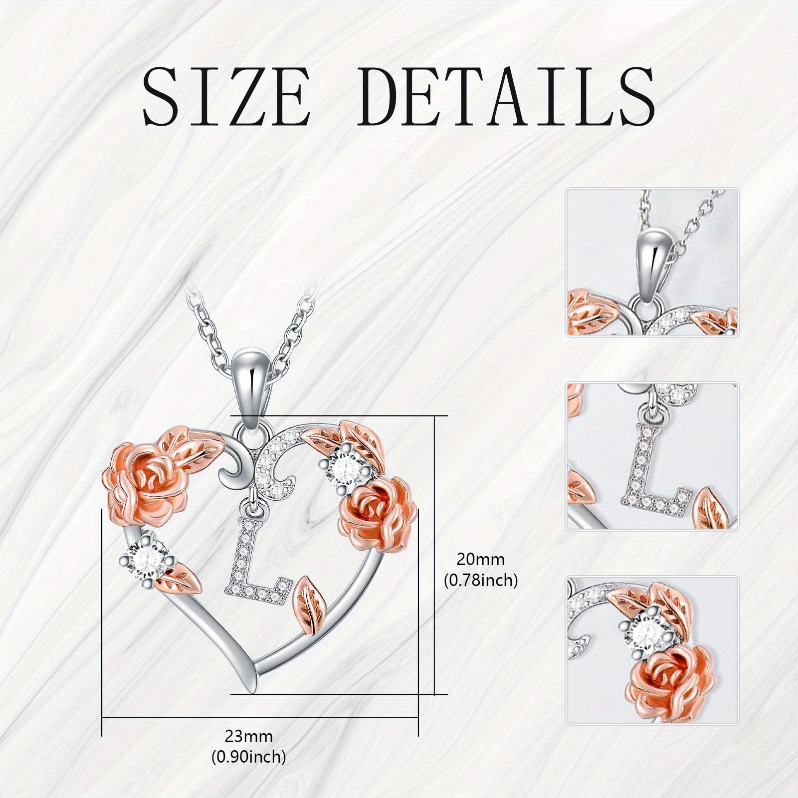Women's 925 Silver Rose Heart Initial Pendant Necklace