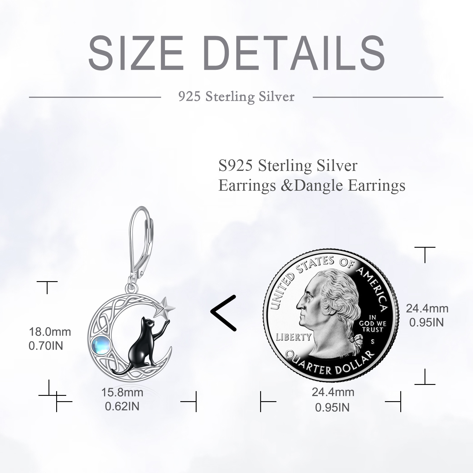 Women's 925 Sterling Silver Celtic Moon Cat Leverback Earrings with Moonstone