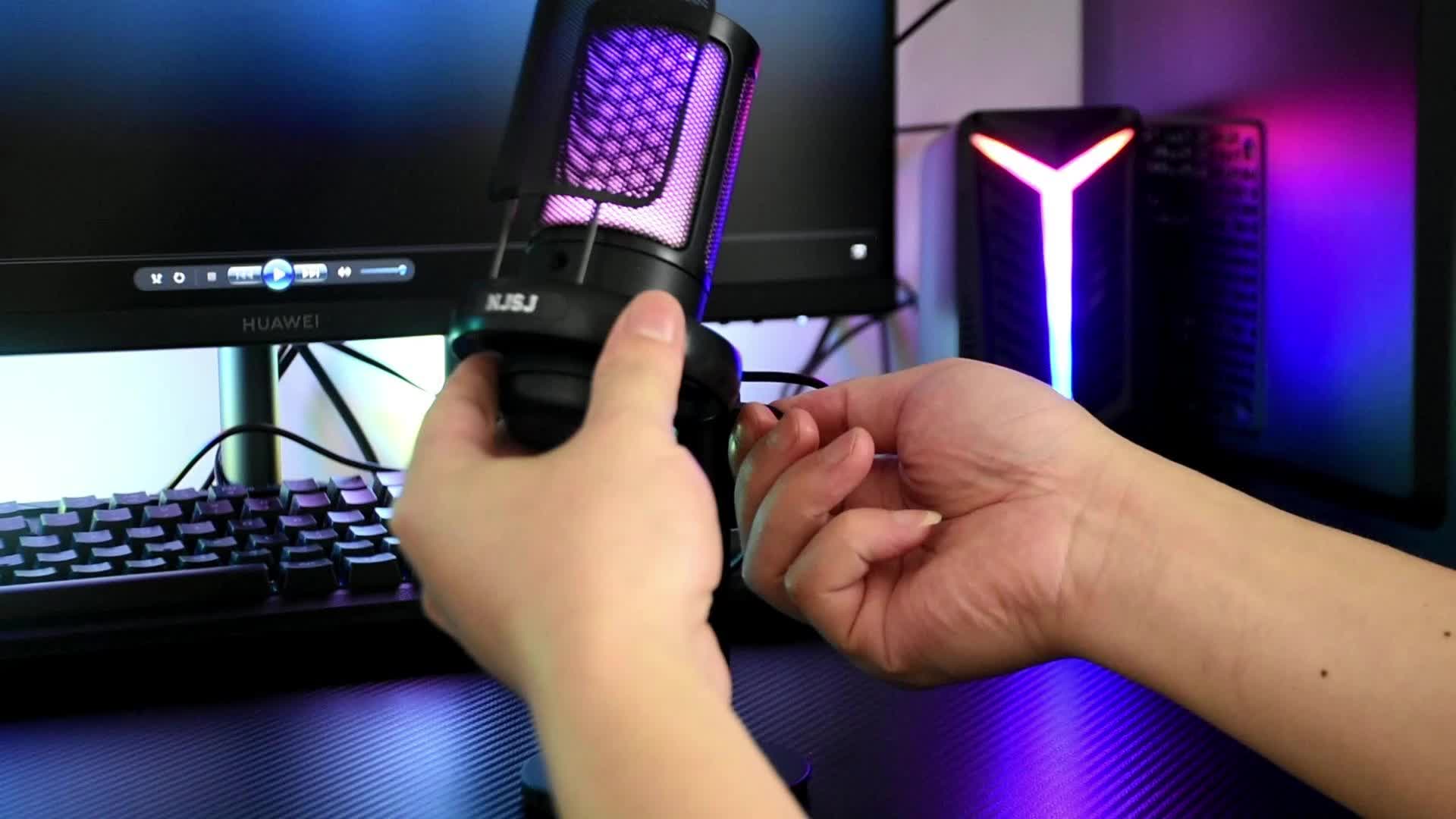 NJSJ Gaming Microfono para PC USB, RGB Condensador Micrófono de Cardioide  per Ordenador PS4 PS5, con Botón de Silencio, Trípode, Filtro Anti-Pop