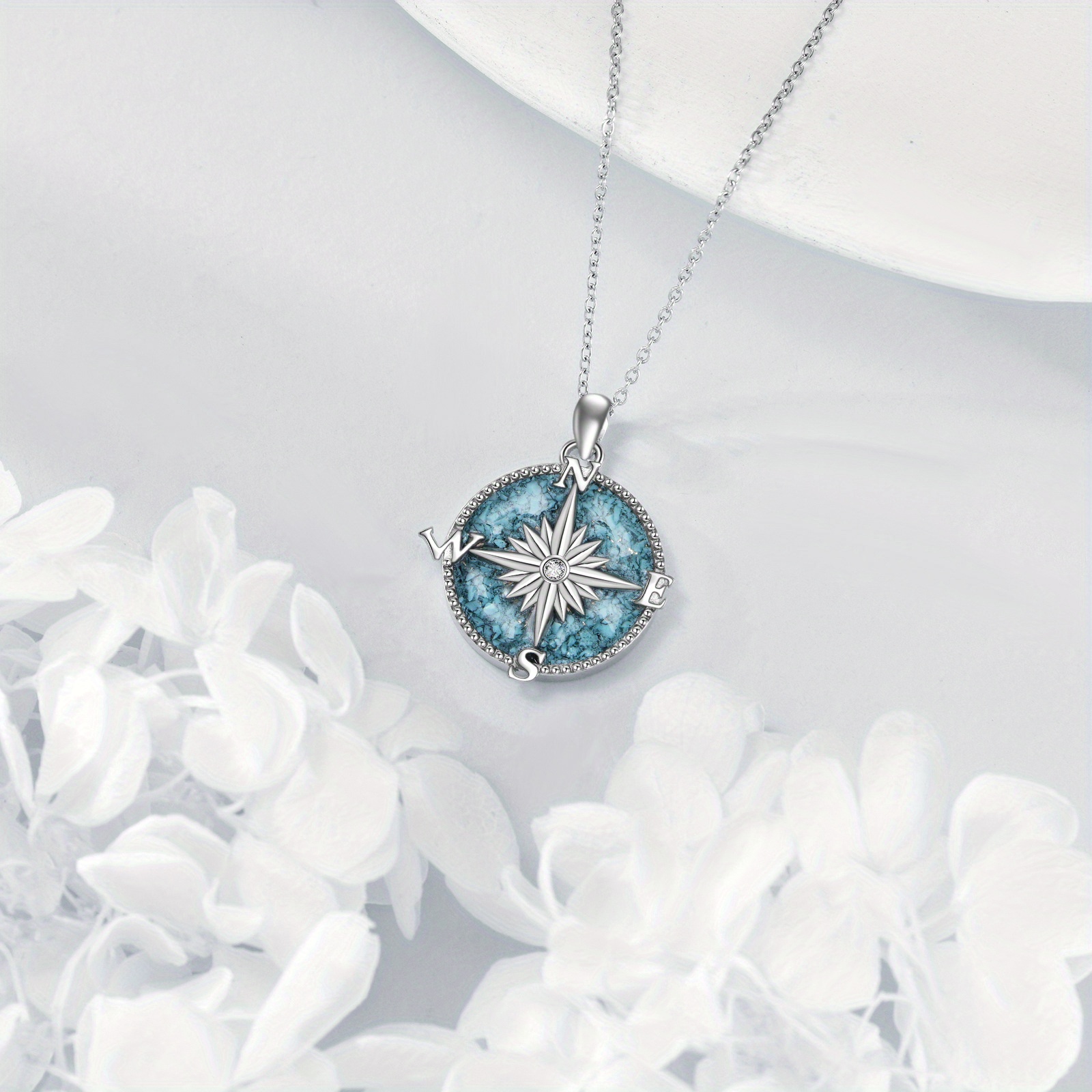 Women's Sterling Silver Turquoise Compass Pendant Necklace
