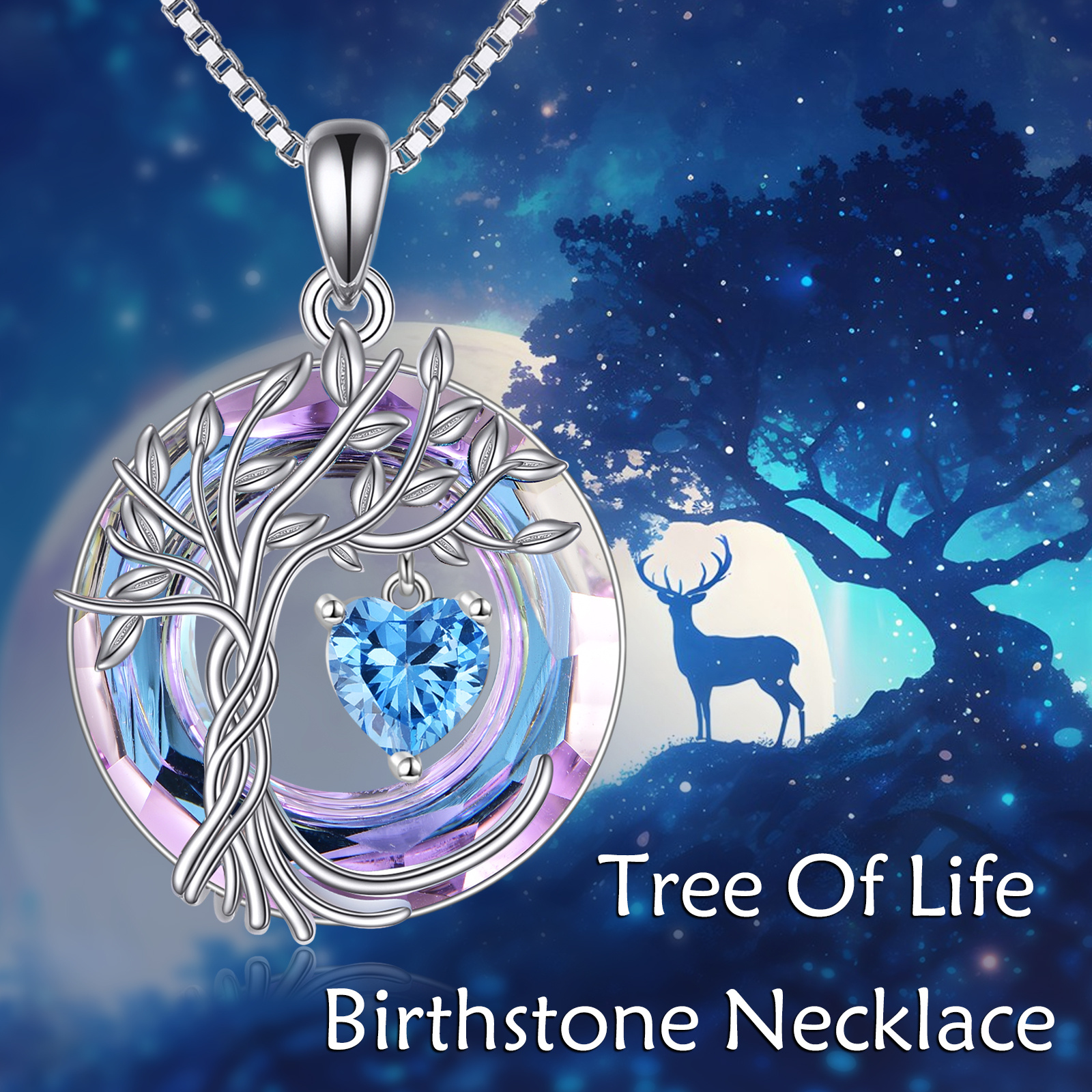 Tree of Life Birthstone Necklace with Blue Topaz Pendant