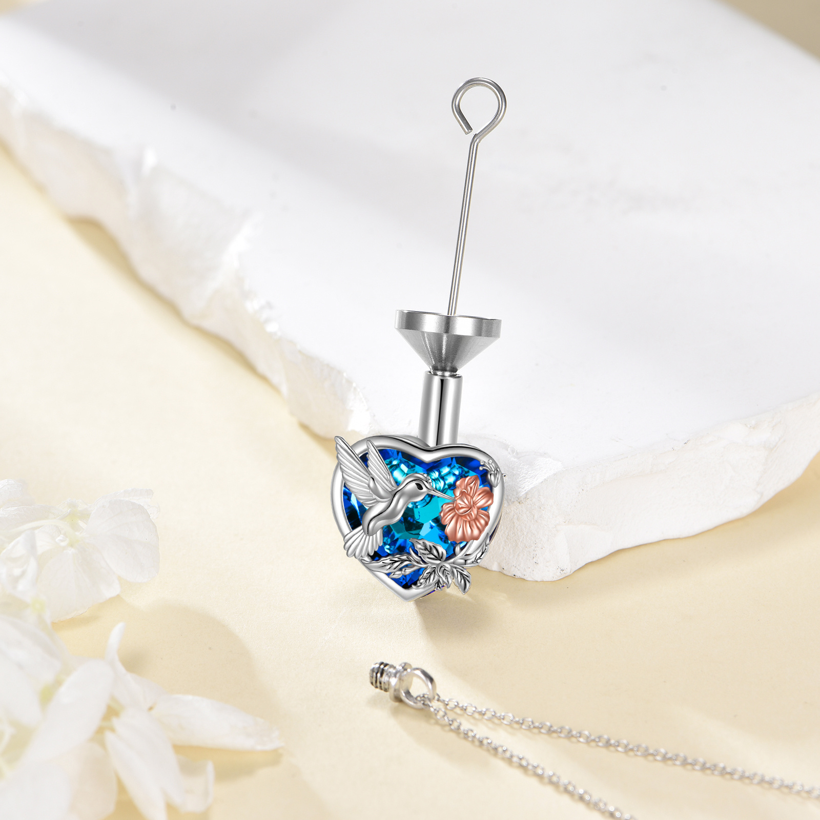 925 Sterling Silver Hummingbird Urn Necklace with Crystal
