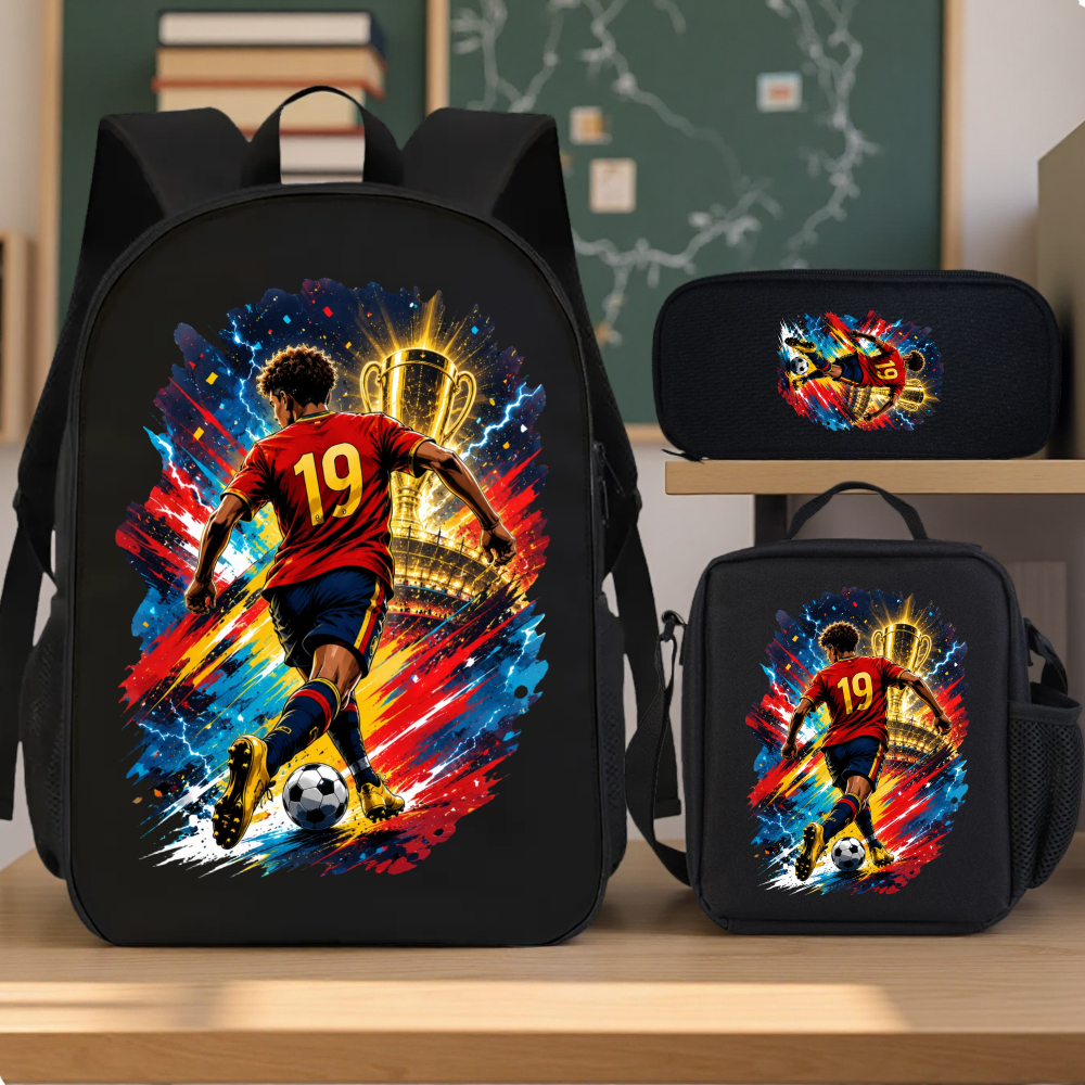 Image of 3pcs 2d Flat Printing Football Player Trophy 3pcs Schoolbag Set 3pcs Schoolbag Design Multicolor Casual Party Travel Birthday Great Gift For , 2d Flat