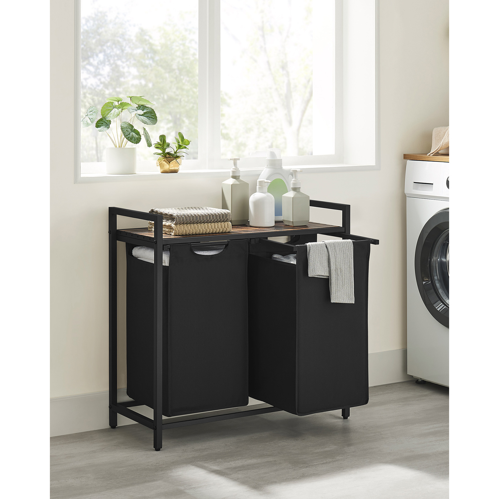 E-shop Wäschekorb, 2-Fach-Wäschesammler, ausziehbarer abnehmbarer Wäschesack, abnehmbares Oxford-Gewebe, Metallrahmen, 3x38L, 92,5x33x72, Wäschekörbe