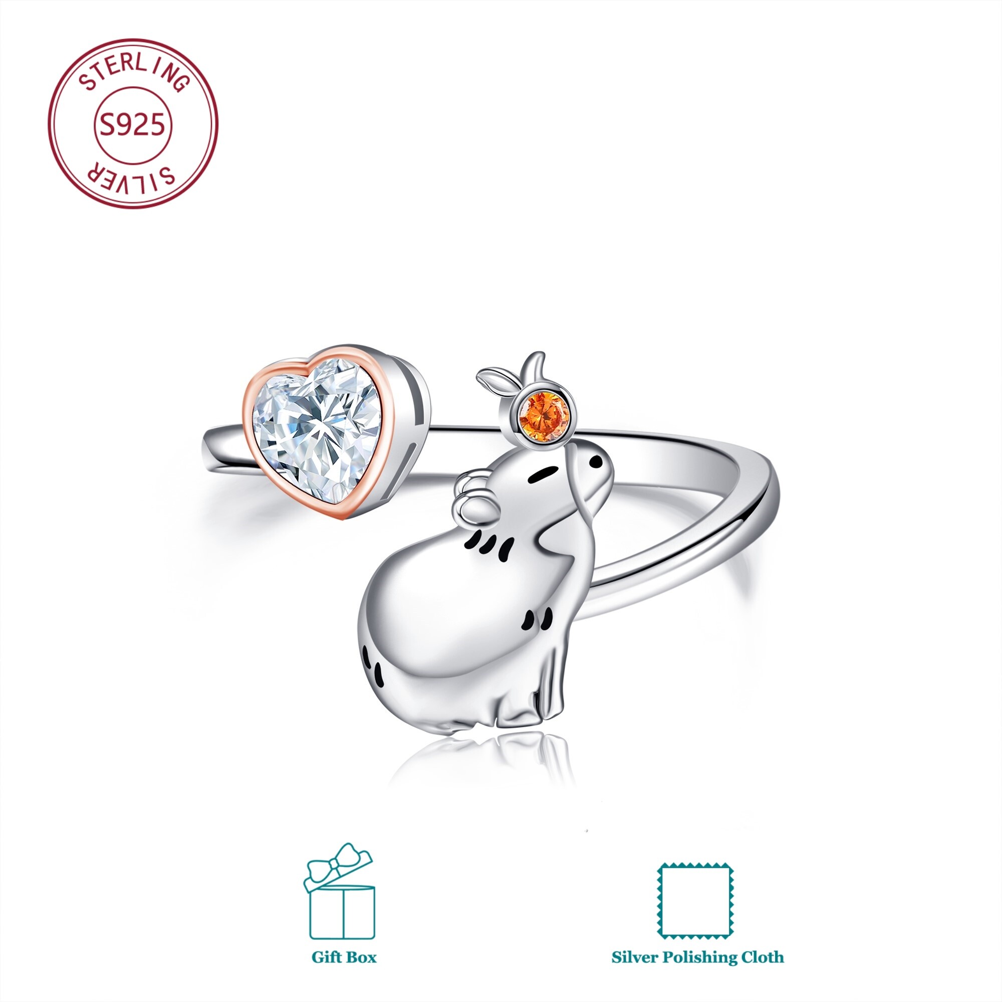 Image of S925 Sterling Silver Capybara Ring Featuring An With Zirconia, Showcasing An Elegant Retro Style, Perfect For Women. This Fashionable And Trendy Jewelry Accessory Is Ideal For Couples