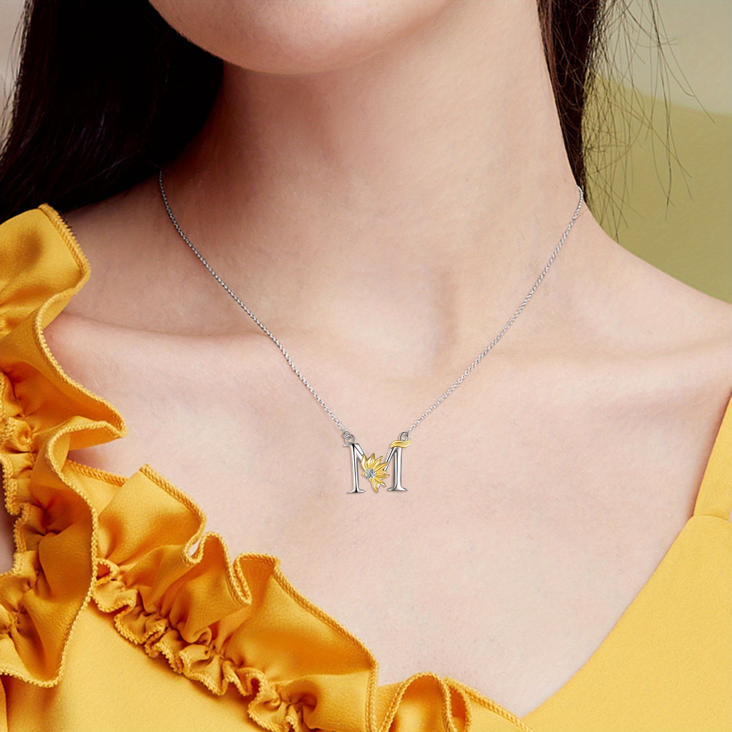 Sterling Silver Initial M Pendant Sunflower Necklace for Women