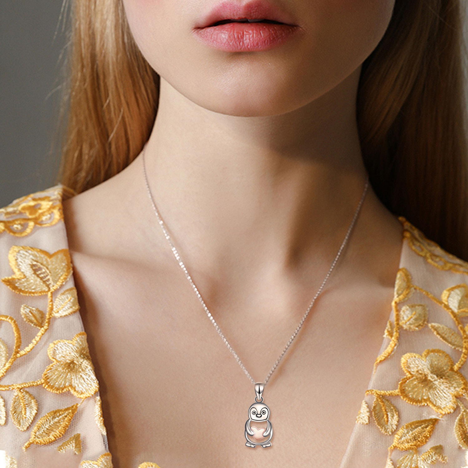Women's Cute Penguin Heart Pendant Necklace