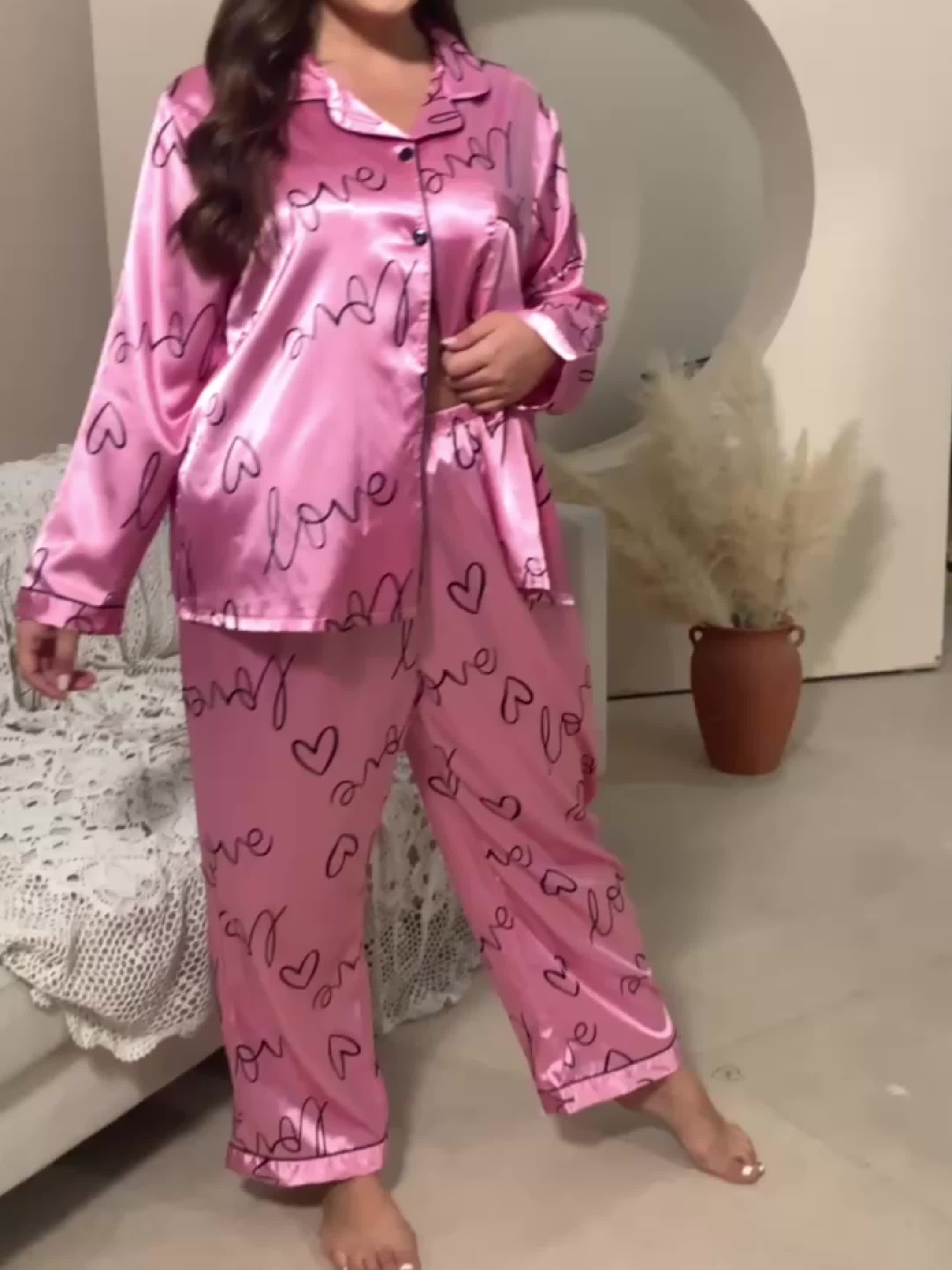 Plus Size Cute Pajama Set Women's Plus Silk Satin Heart - Temu Canada