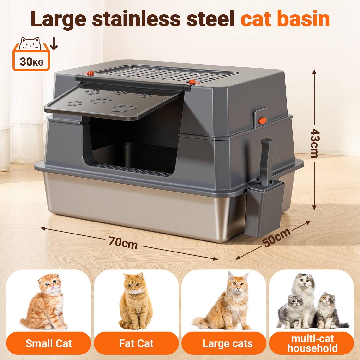 Stainless Steel Litter Box, Large Litter Box With Lid, Litter Box With High Sides, Easy To Clean, Semi-enclosed/fully Enclosed Stainless Steel Litter Box With Lid, 70 X 50 Cm, Gray