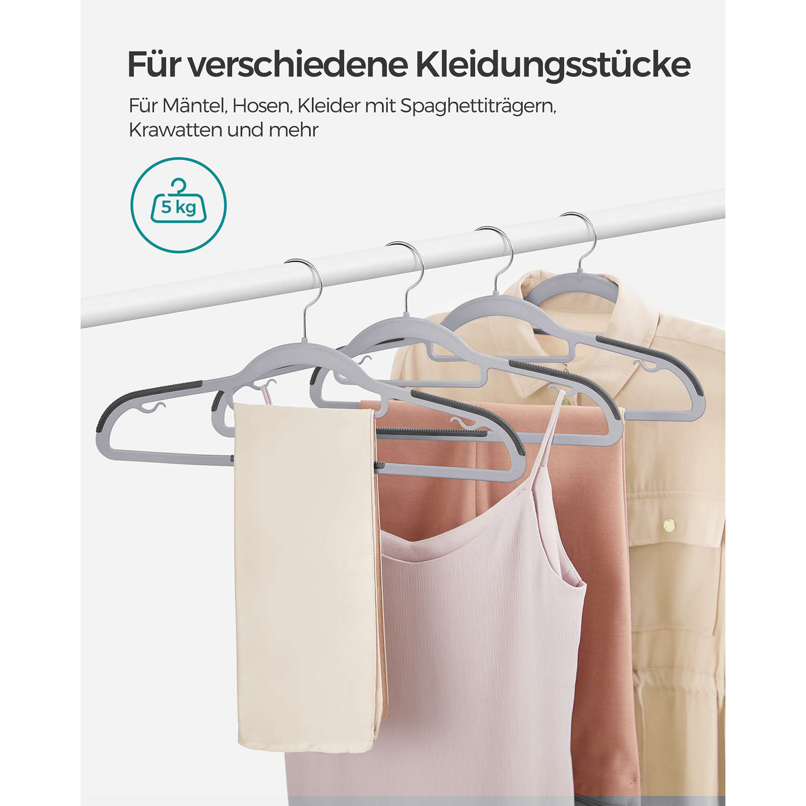 E-shop Kleiderstange 30er Set aus Kunststoff, rutschfest, spart Platz, Dicke 0,5 cm, 42 cm lang, um 360° drehbar, Haken in Silber, Hellgrau, Dunkelgrau