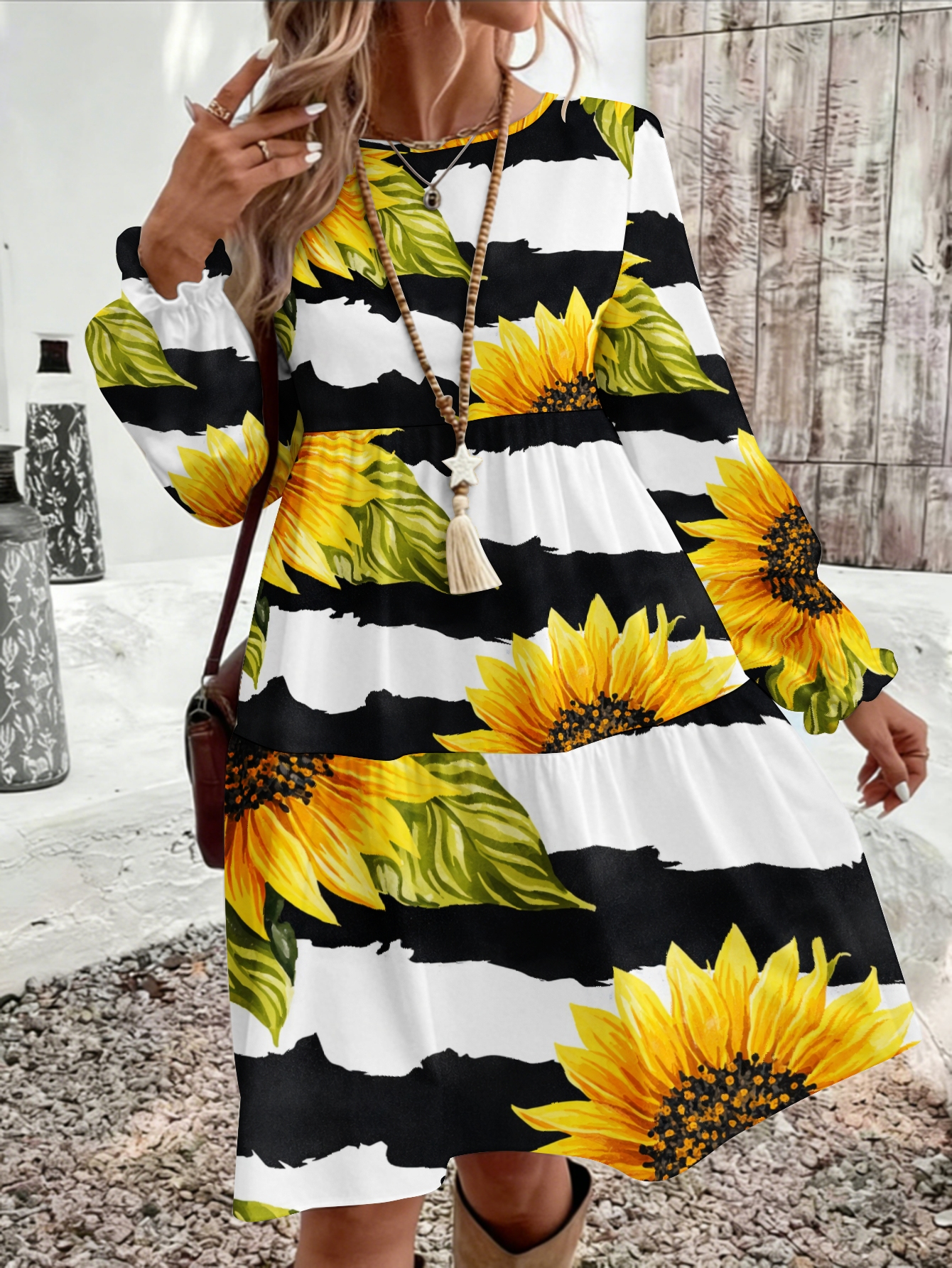 fitted lace wedding dress Autumn Floral Print Sunflower Pattern Casual Long Sleeve Round Neck Floor  Length Women Fashion Maxi Dress with Pockets at Amazon Women's Clothing  store main image 0