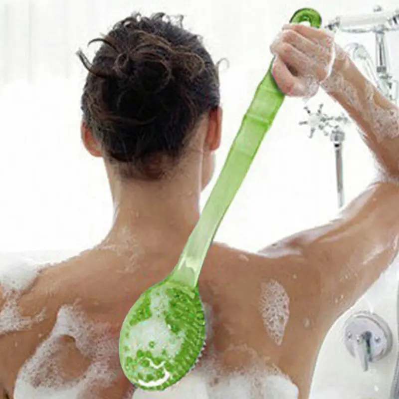 1pc long handle bath shower brush with exfoliating bristles green ergonomic body massager durable bristles for deep cleansing light beige scrub shower bath use manual operation no electricity bathroom kitchen Product details 5