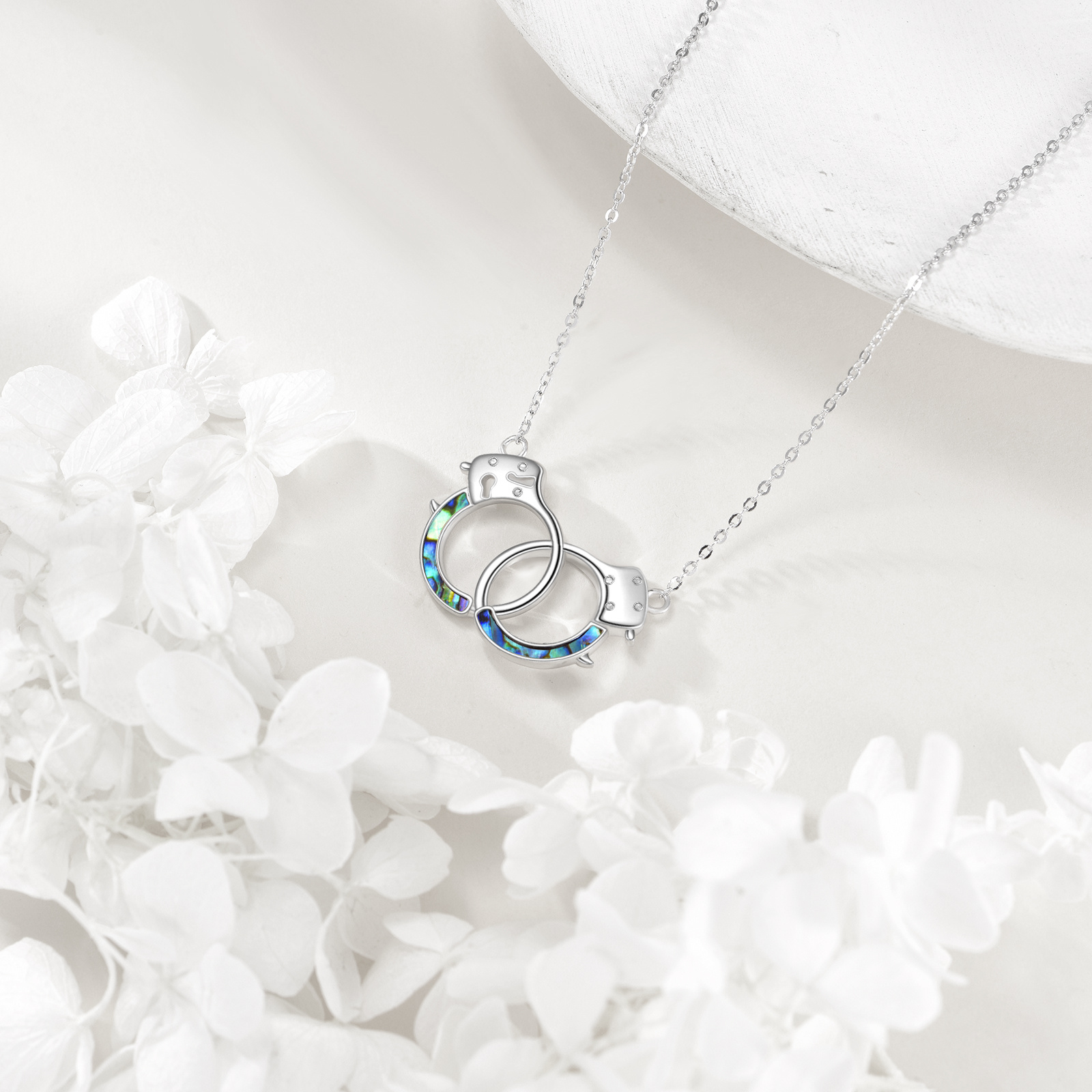 S925 Sterling Silver Handcuff Shaped Necklace with Abalone Shell