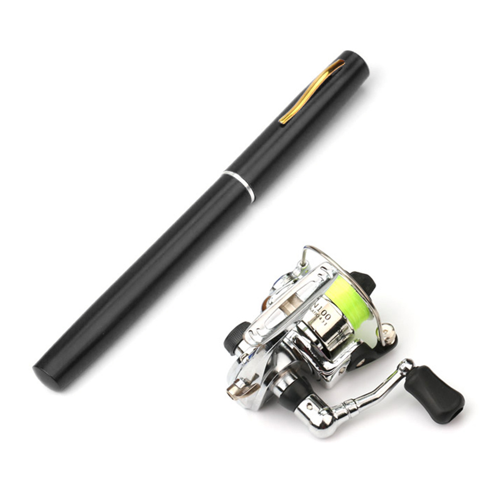 mini taschenfaltbarer angelruten- und rollenkombi, teleskopischer stift-angelruten-set mit spinnrolle, schwarzer kunststoff - 1.4m