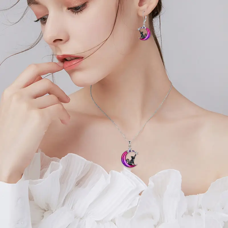 colorful moon cat earrings 925 sterling   cat moon leverback dangle earrings Product details 4