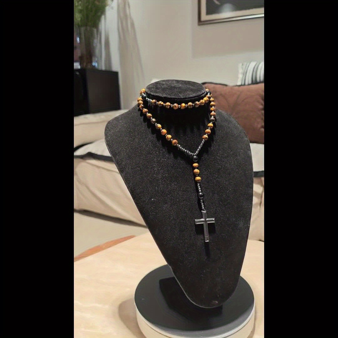 8mm Natural Stone Beads Cross Pendant Necklace