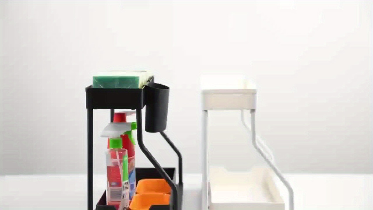 2-Pack Under Sink Organizer with Sliding Shelves, Black and White Plastic Storage Baskets for Bathroom and Kitchen Cabinets