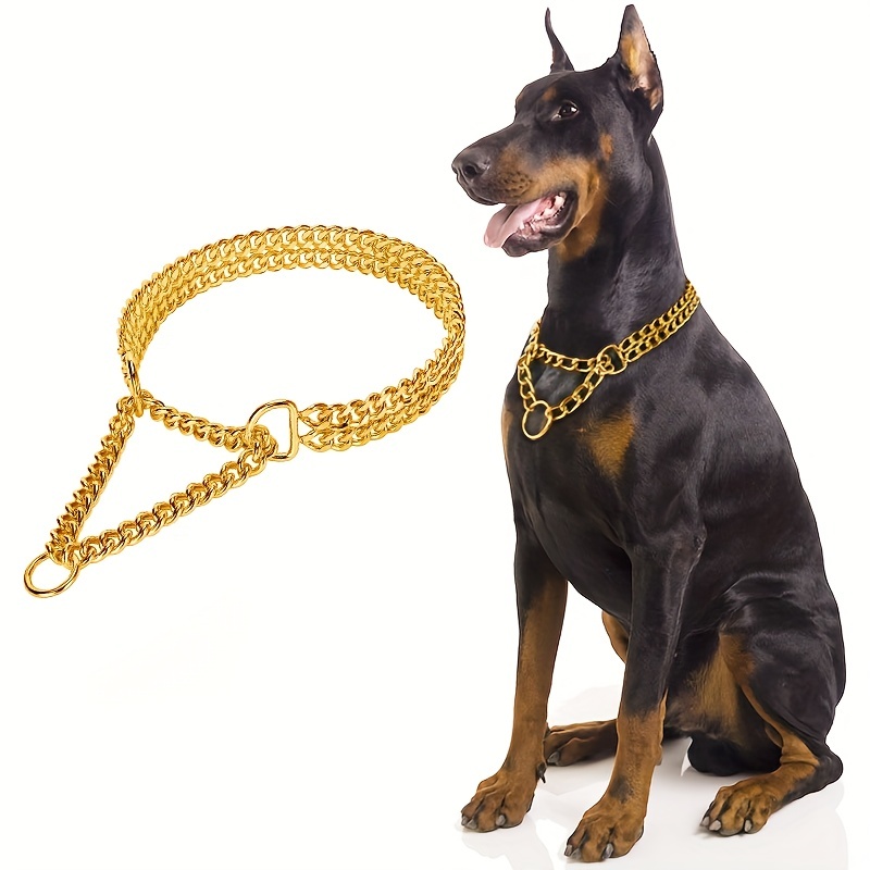Gold Chain Dog Collar with Leash Set Heavy Duty Stainless Steel Metal Cuban  Link