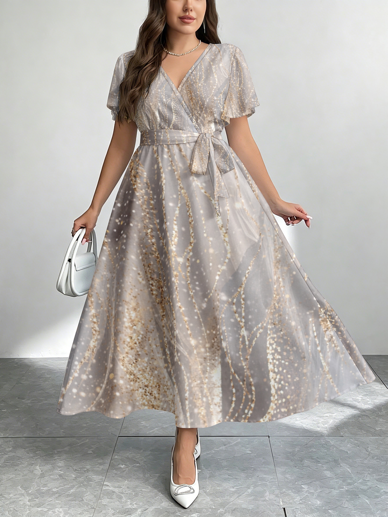 silver grey plus size dresses Evening Dress with Sleeve for Women Maxi Long Sparkly Plus Size Tulle