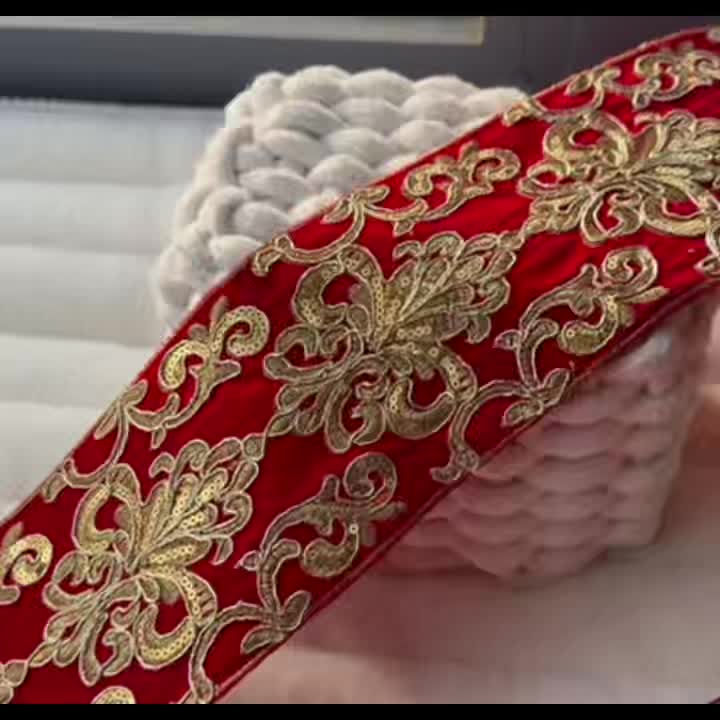1 Pack Red and Golden Embroidered Lace with Velvet Backing