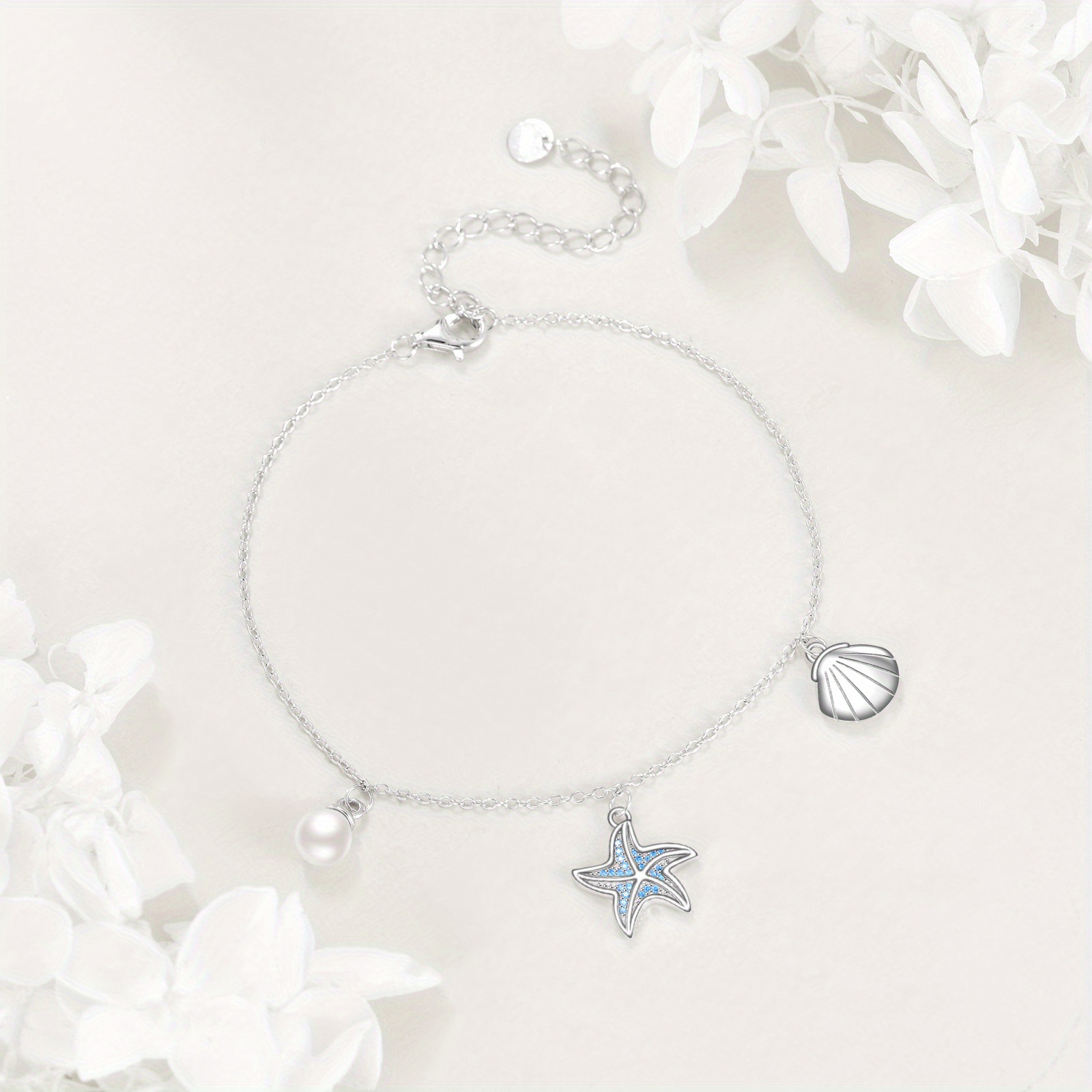 Starfish Bracelet 925 Sterling Silver Shell Bracelet Adjustable Length