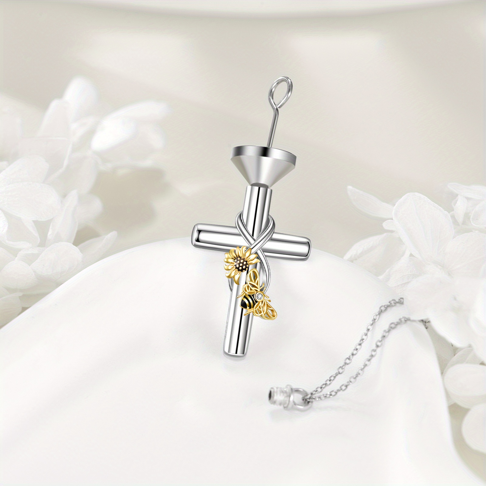 Sterling Silver Cross Urn Necklace with Zirconia Pendant