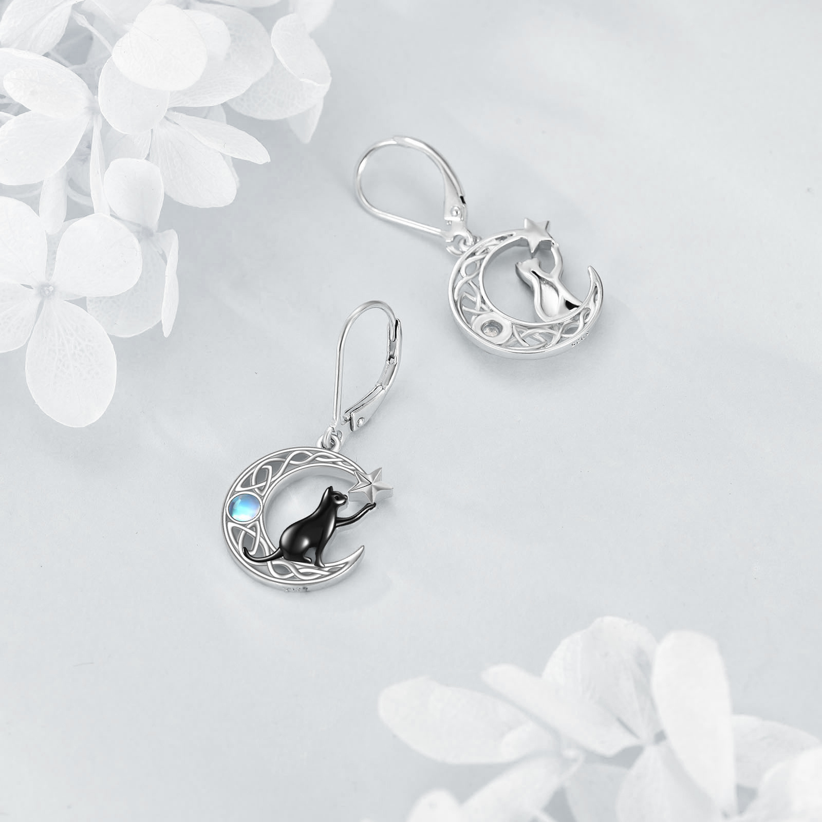Women's 925 Sterling Silver Celtic Moon Cat Leverback Earrings with Moonstone