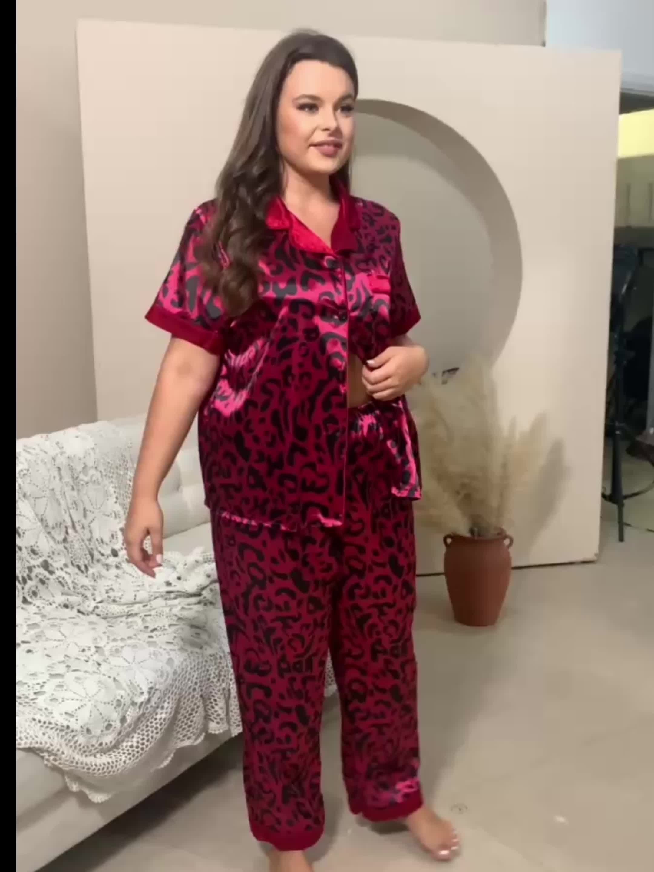 Plus Size Casual Pajama Set Women s Plus Satin Leopard Print Temu