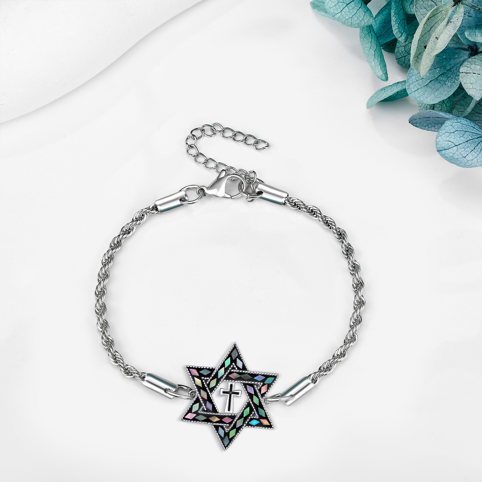 Sterling Silver Star of David Bracelet Cross
