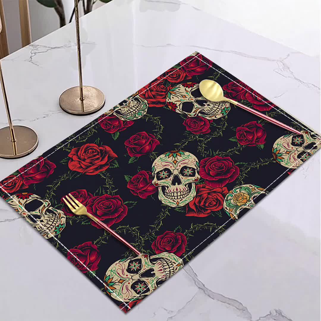 Linen Placemats Skulls Floral Day Of The Dead Halloween - Temu