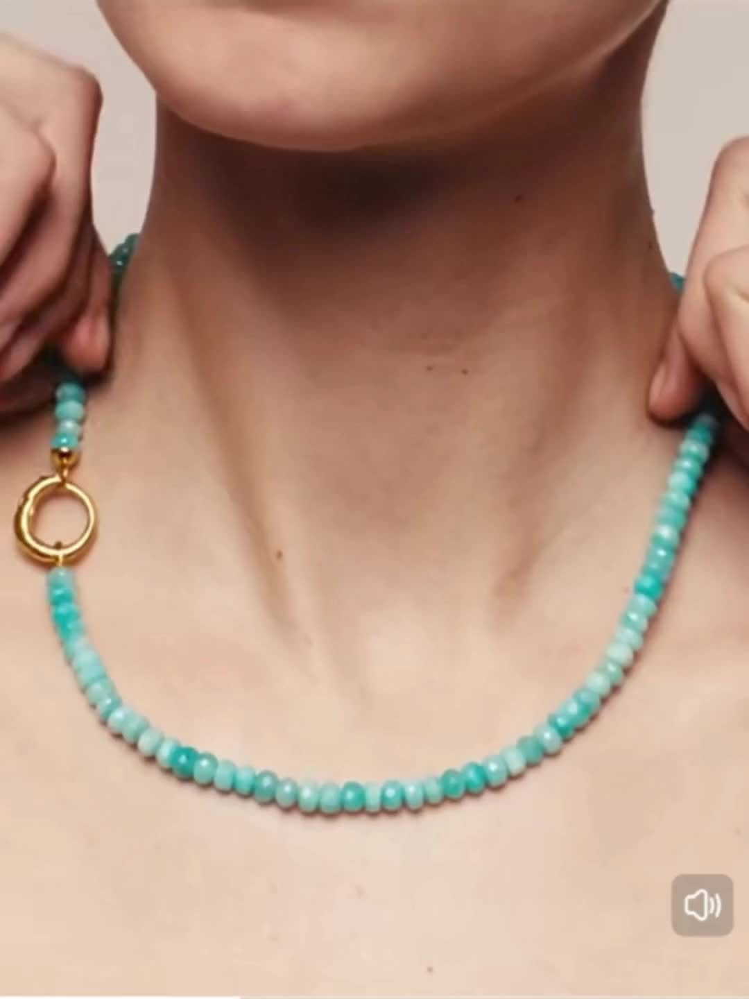 Vintage S925 Sterling Silver Amazonite Necklace with 18K Clasp