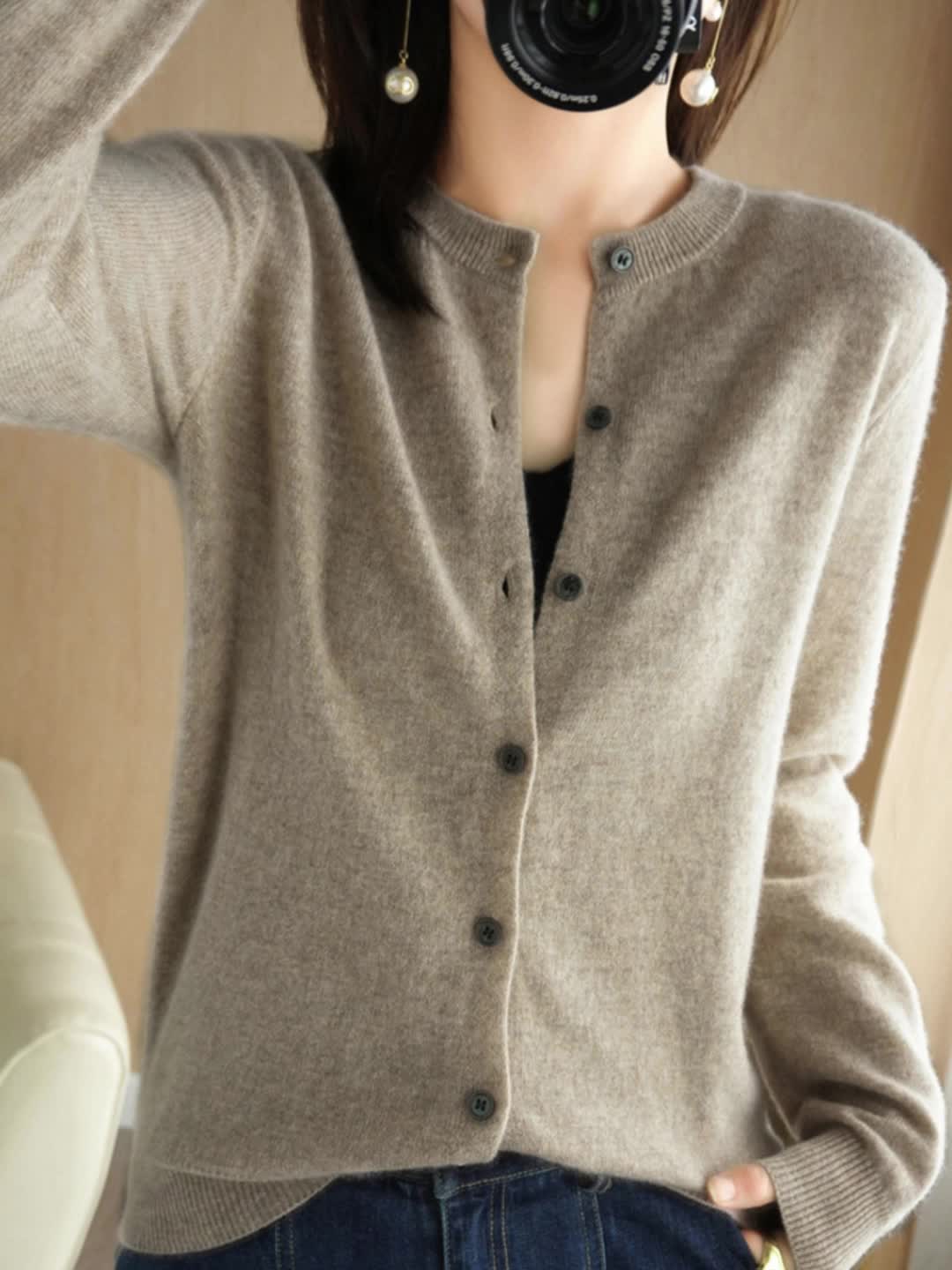 Solid Button Up Cardigan、春と秋のためのカジュアルな長袖