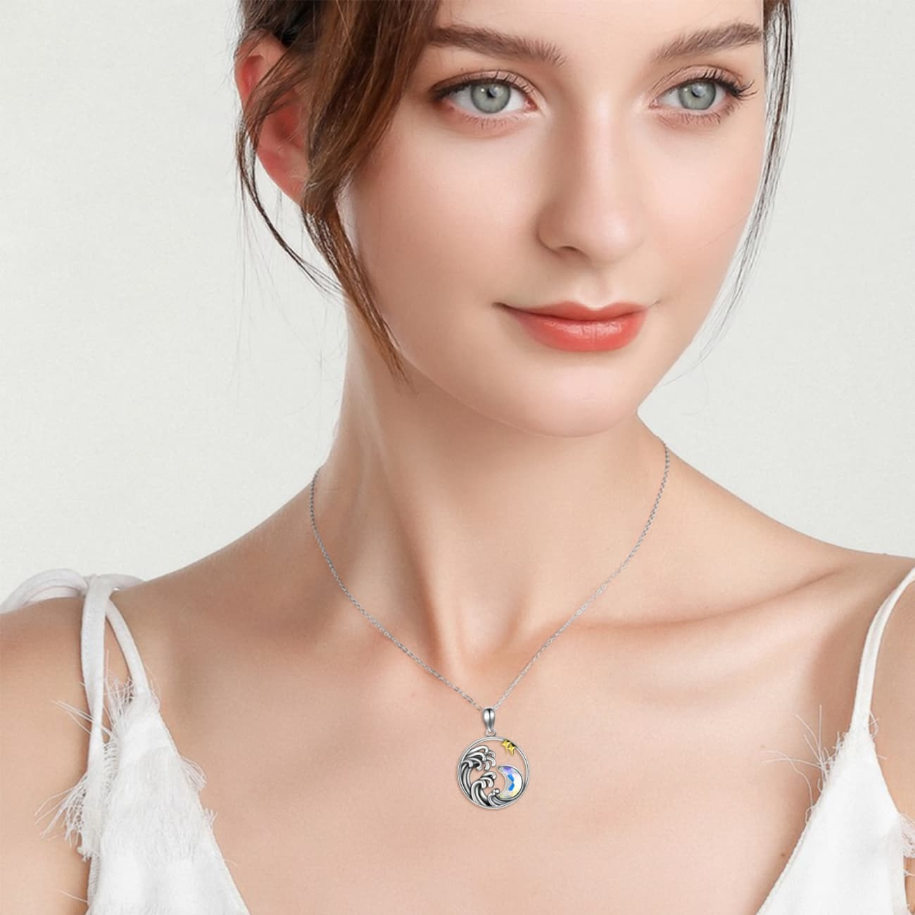 Crystal Moon Star Necklace with Aurora Borealis Pendant