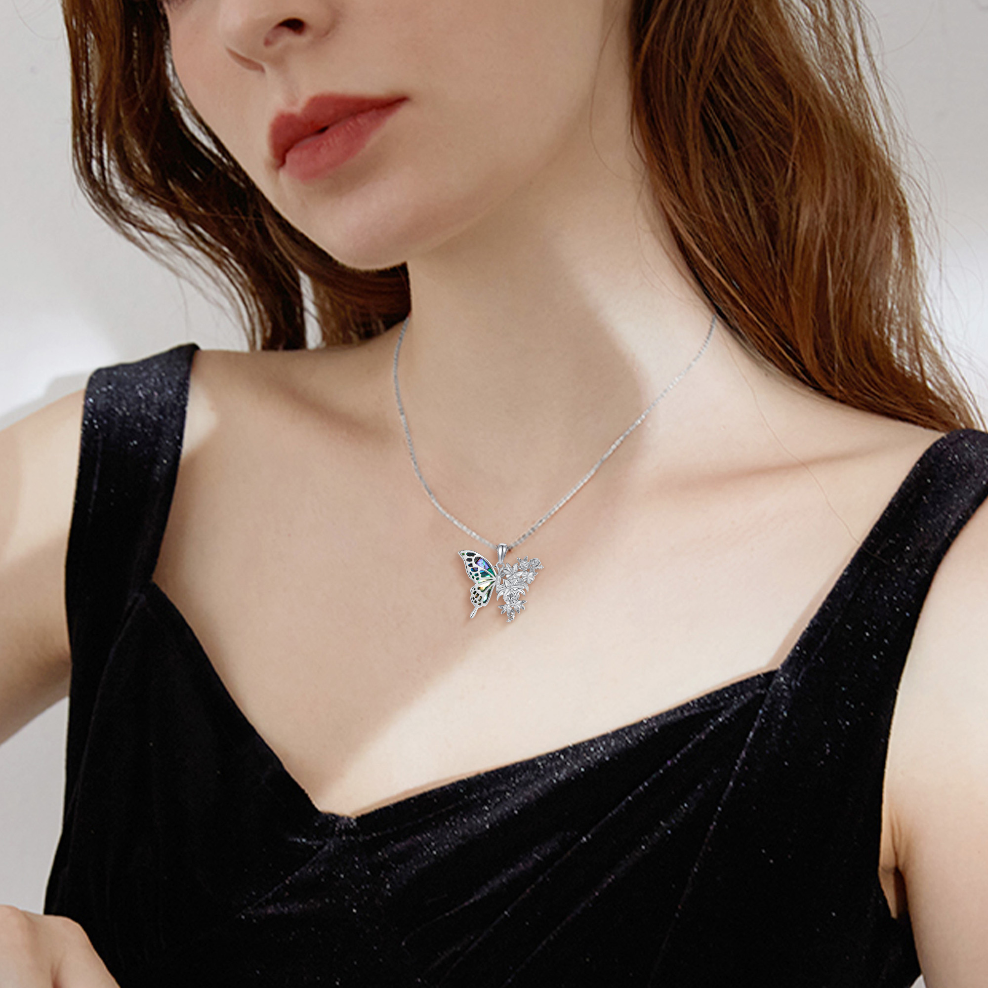 Women's Butterfly Necklace with 925 Sterling Silver and Abalone Shell Flower Pendant