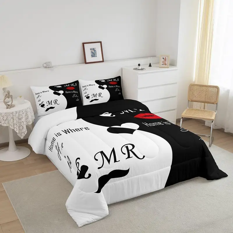 2 3pcs valentines day bedding set his and hers comforter set for women men black white comforter quilt set with 1 2 pillowcases room decor soft warm festival birthday gifts decoration ornaments Product details 0