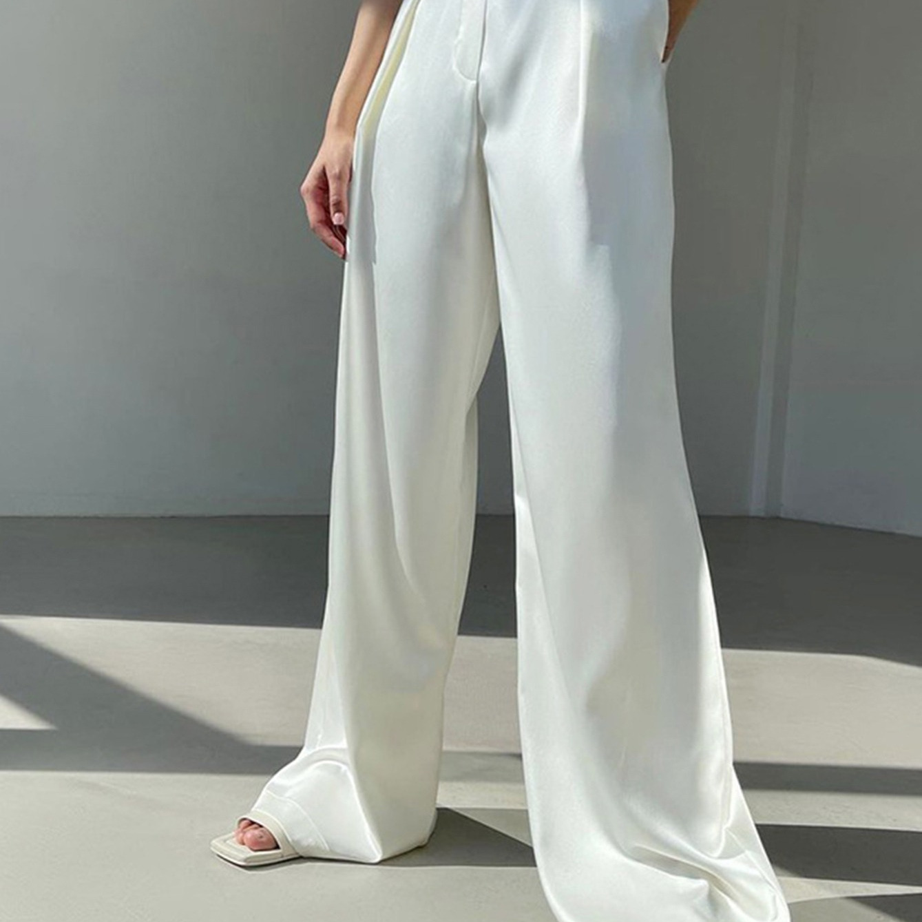 XIBAOBAO Women Satin Wide Leg Dress Pants White Silk Casual Dressy Long Flowy  Pants Elastic High Waisted Trousers XS at  Women's Clothing store