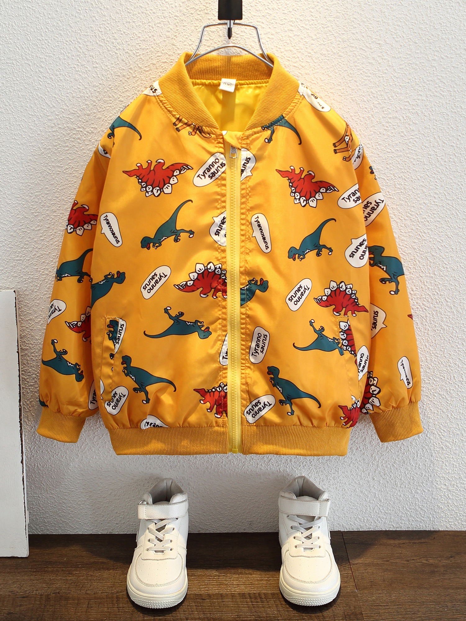 Kid's Dinosaur Print Varsity Jacket, Zip Up Long Sleeve Coat