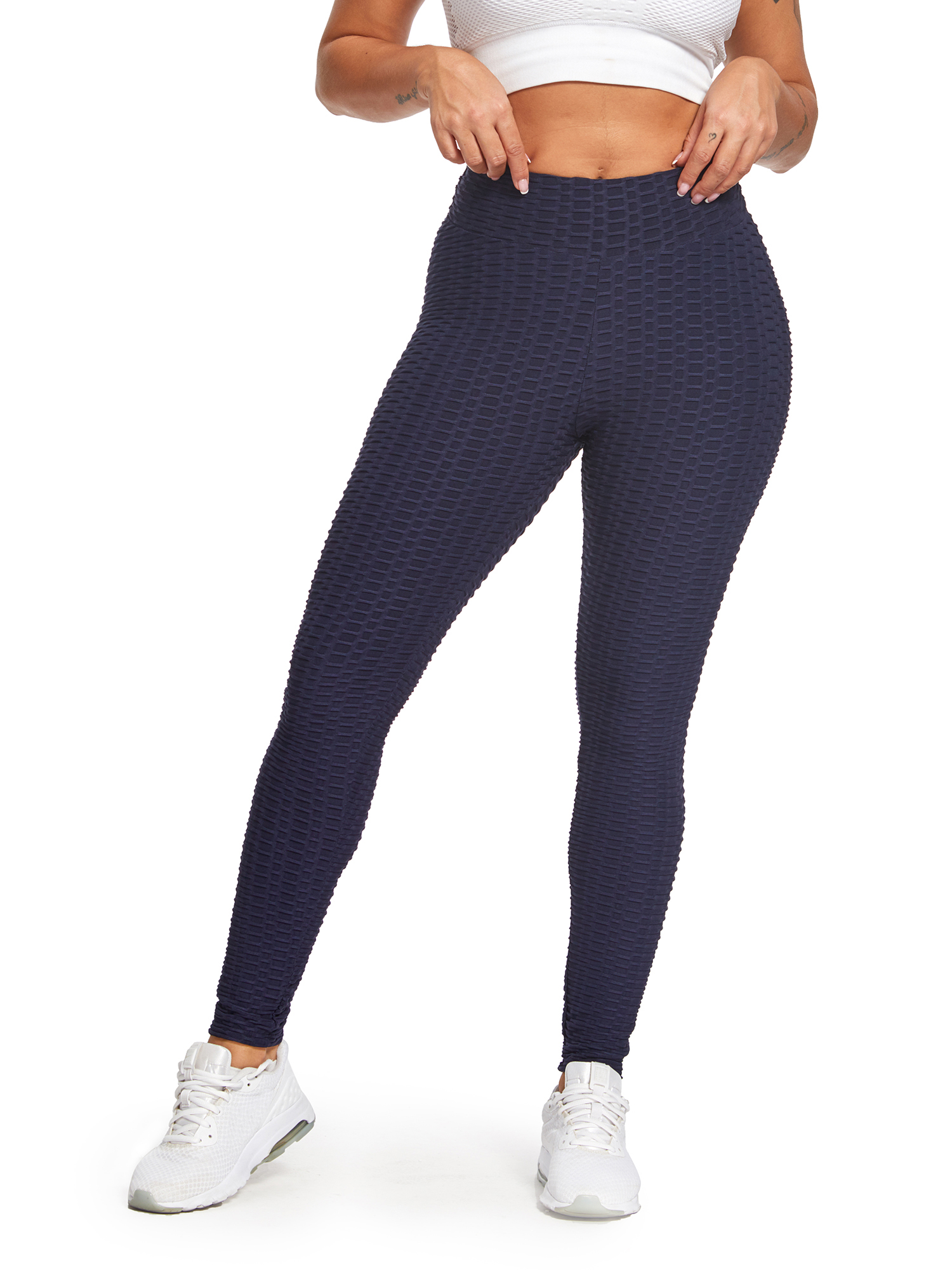 SEASUM Women's High Waist Yoga Leggings Tummy Control Butt Lift Tights  Textured Workout Running Pants Navy Blue L 