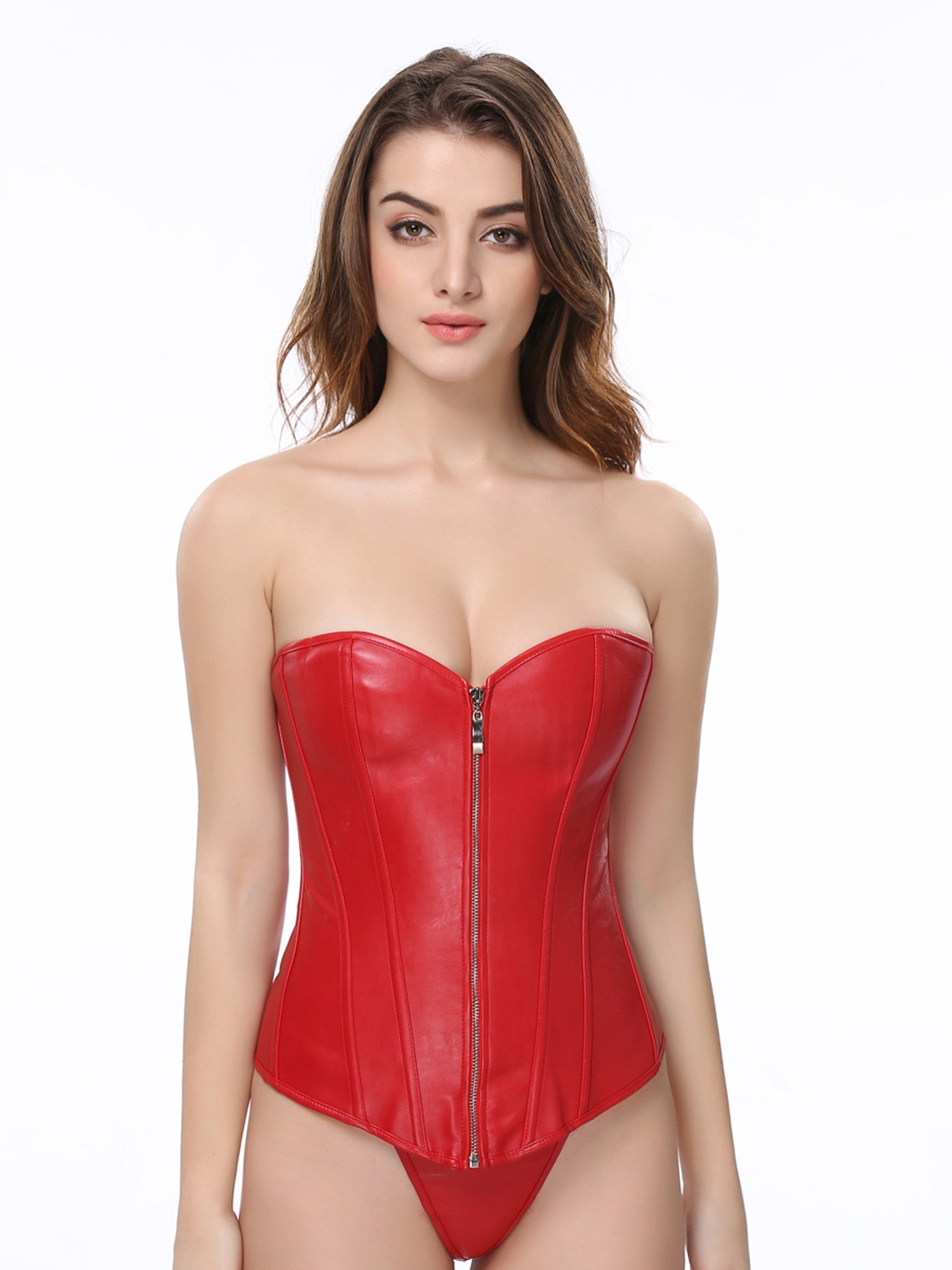 Sexy Red PU Leather Strapless Strapless Bustier Bodysuit With