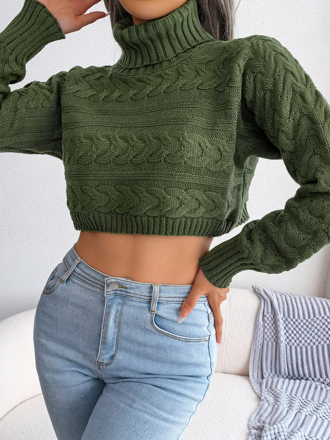 Three toned Color Block Crop Sweater Loose fit Rib knit Crew