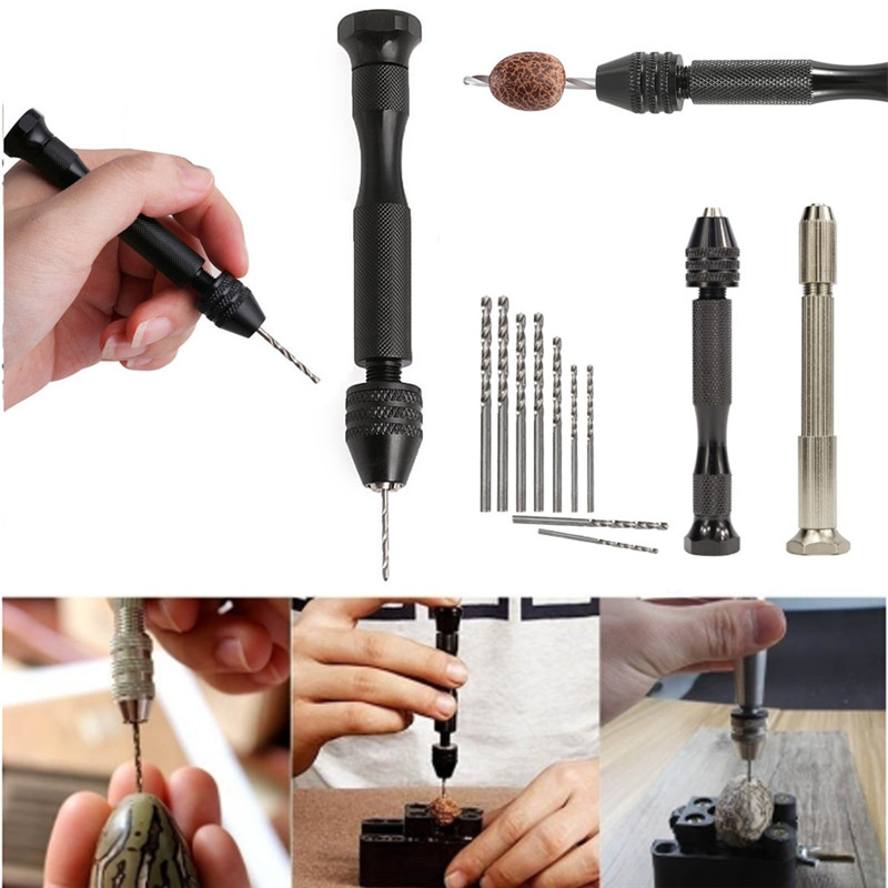 Salmue Micro Mini Hand Drill Tool, Portable Tool Set Small Hand Drill & 10  pcs Twist Drill Bits 0.8-3.0mm Precision Pin Vise Woodworking Hand Drill