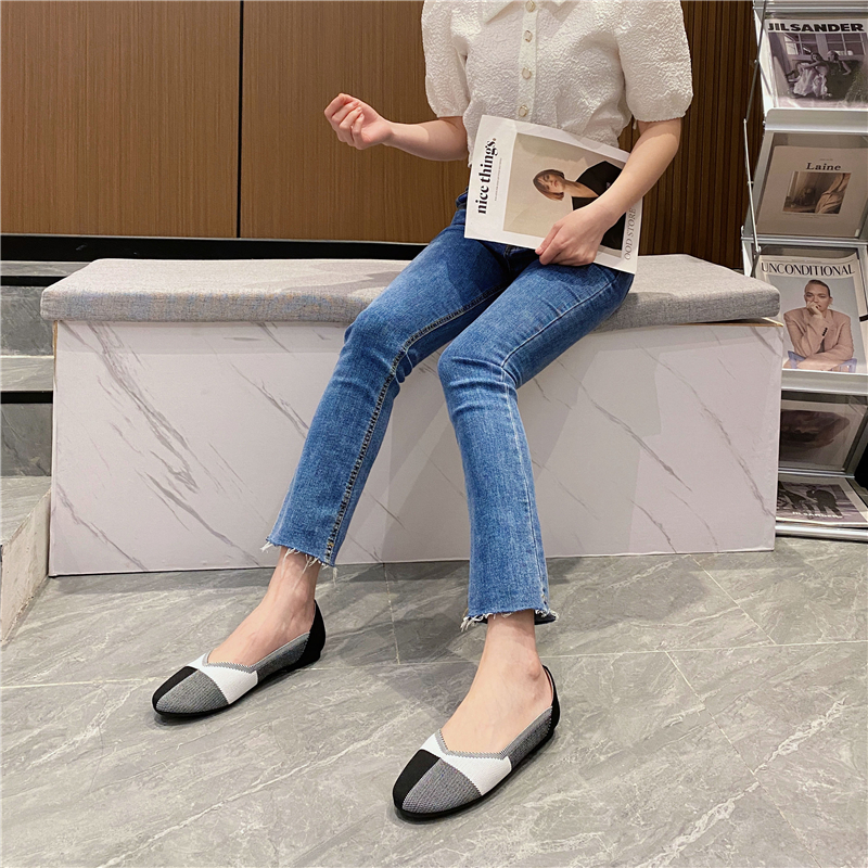 Round Toe Knitted Women's Flat Shoes, Color Block Square Toe Ballet ...