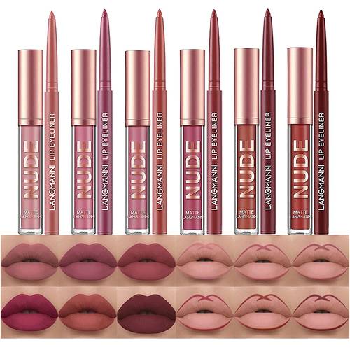 12 Matte Liquid Lipstick + Lip Liner Set, Velvet Nude Lip Gloss