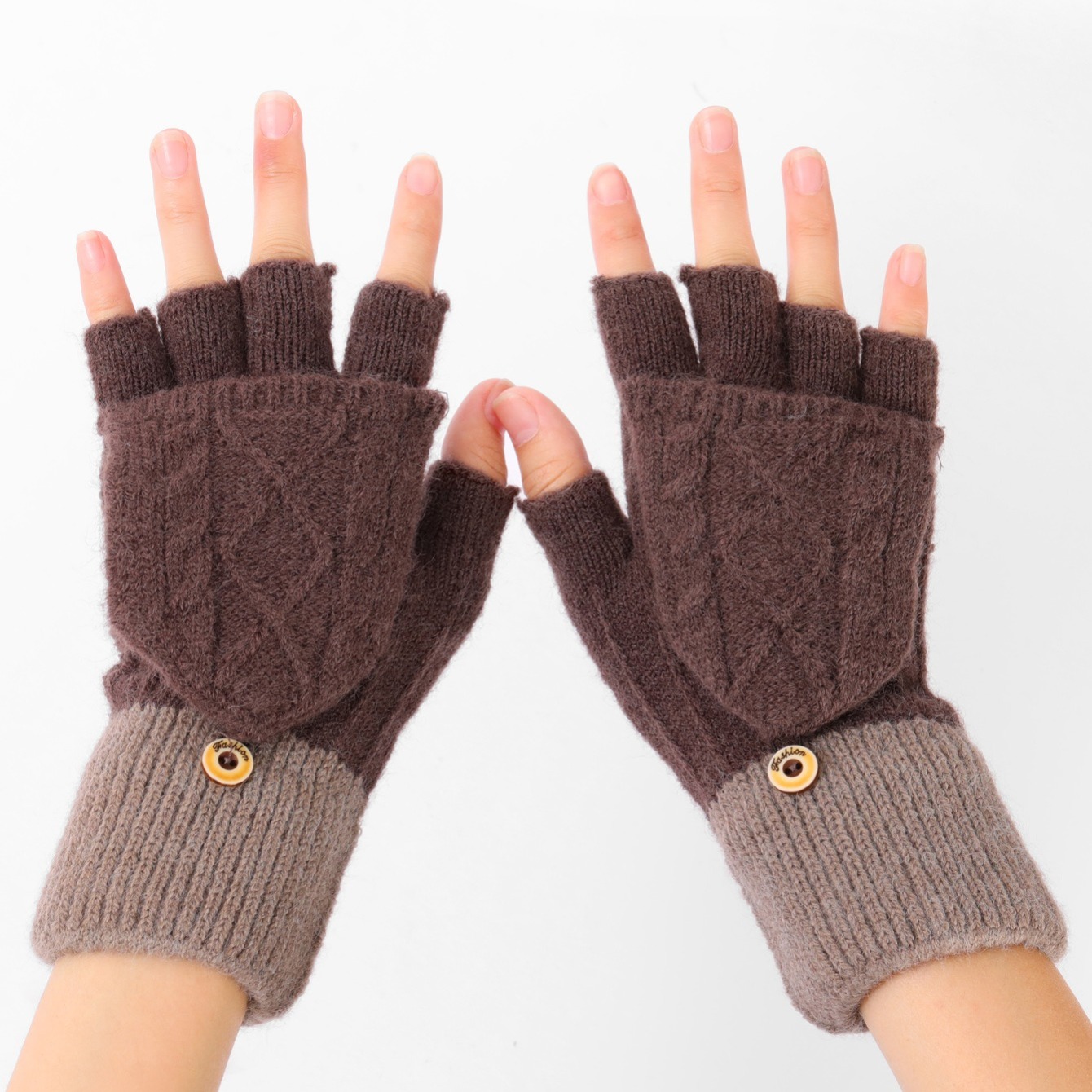 Women Winter Warm Wool Knitted Convertible Fingerless Gloves With Mitten  Cover (Brown) 