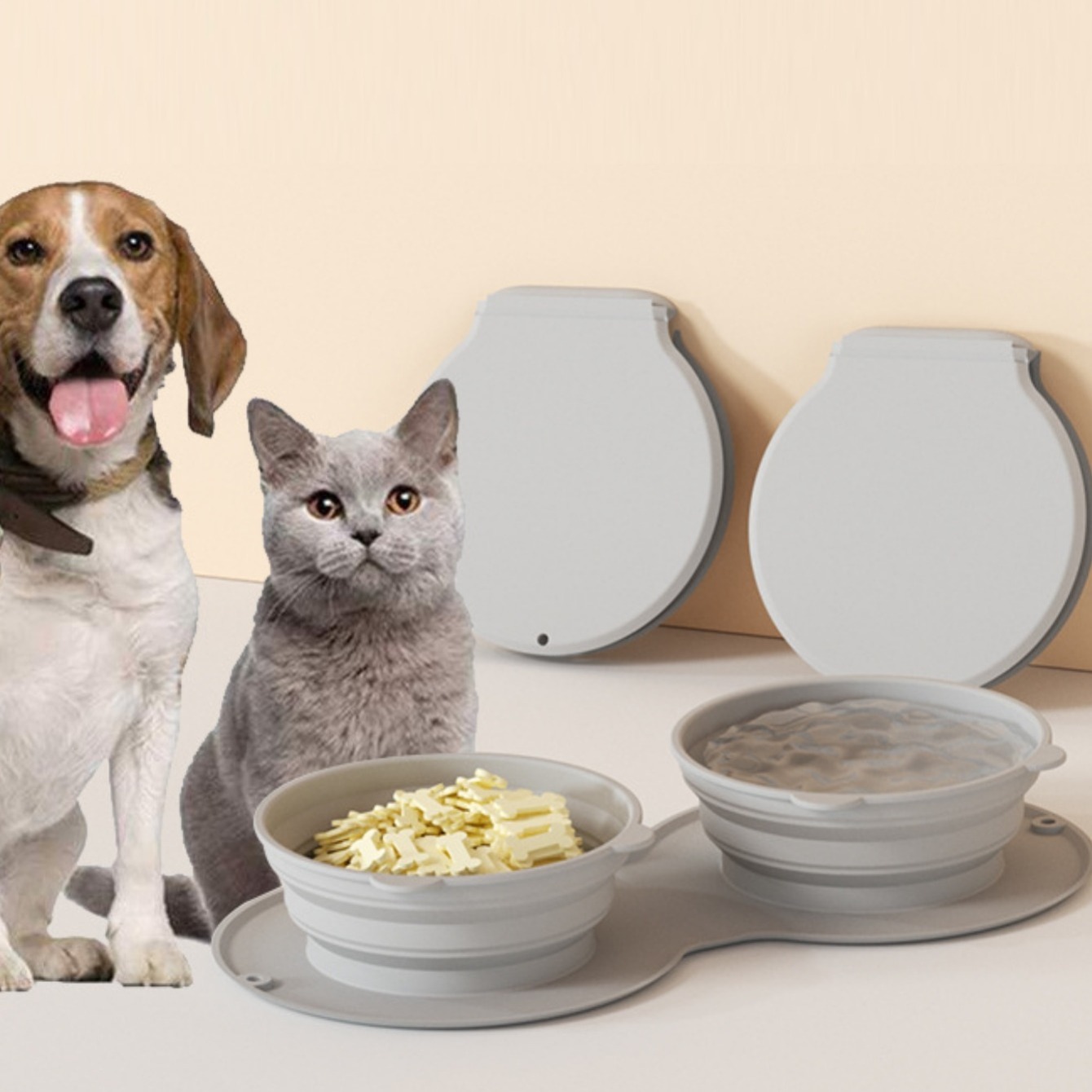 Pets Travel Bowls, Collapsible Silicone Dog Double Bowl With Slowly BowlCase For Outdoor