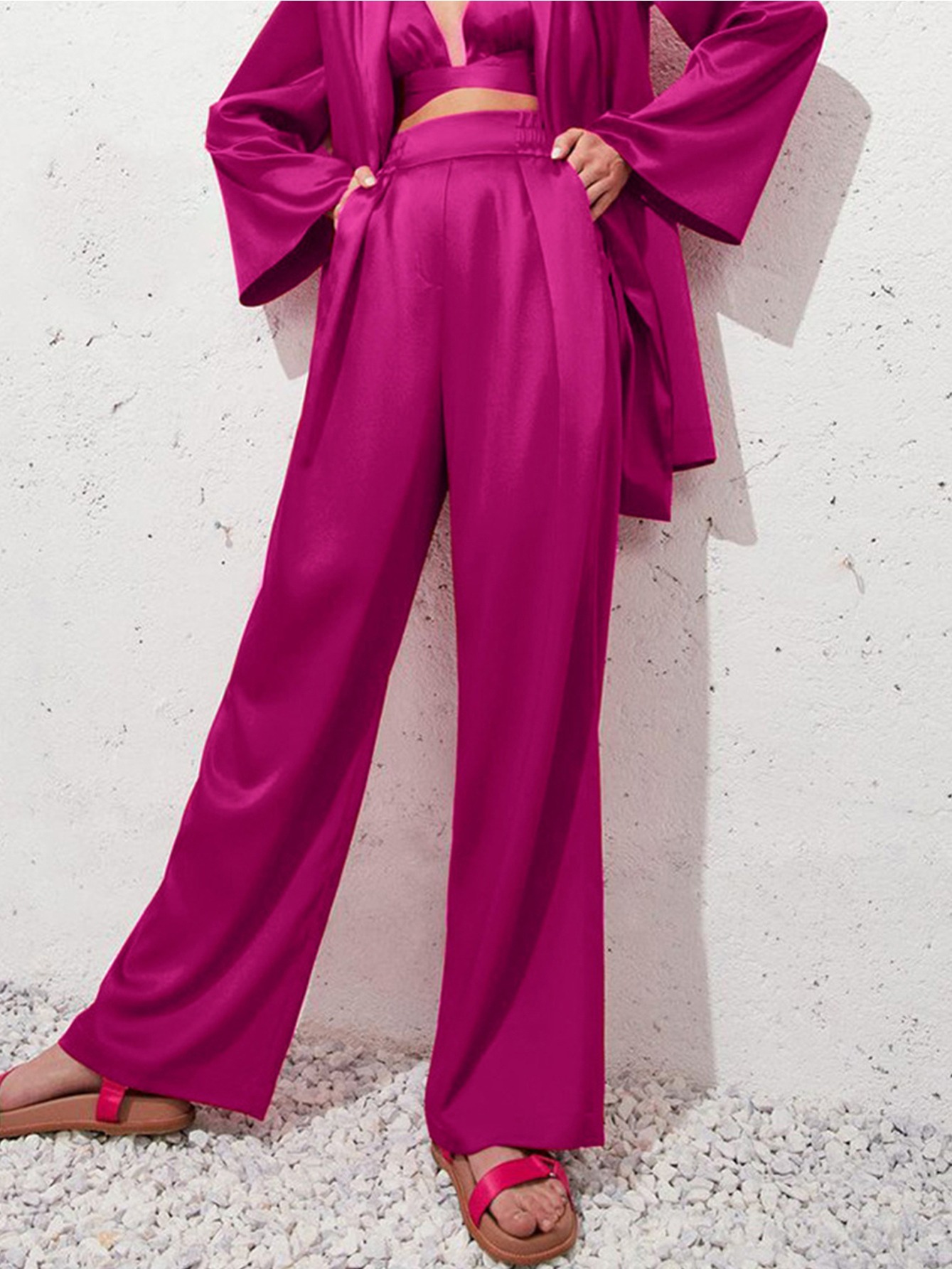 Women Satin Flared Pants Faux Ice Silk Trousers Bell-bottoms High